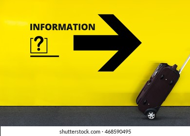 Airport Sign With Question Mark , Information Word, Arrow And Moving Luggage