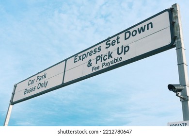 Airport Sign Showing Car Parking Express Set Down And Drop Off Information. Situated Outside Stansted Airport.