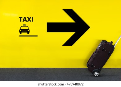 Airport Sign With Taxi Cab Icon, Arrow And Moving Luggage 