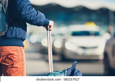 Airport Taxi. Passenger Is Waiting For Taxi Car. 