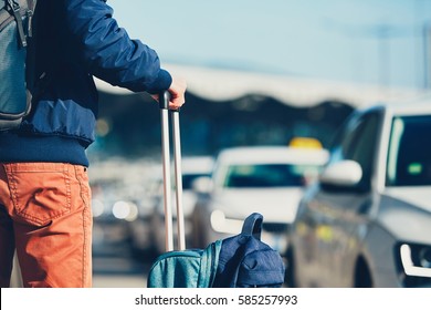 Airport Taxi. Passenger Is Waiting For Taxi Car. 