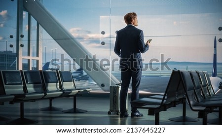 Airport Terminal: Businessman with Rolling Suitcase Walks, Uses Smartphone App for e-Business. Back View Silhouette of Traveling Man Waits for Flight in Boarding Lounge of Airline Hub with Airplanes