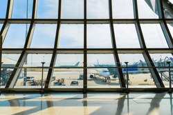 Airport Terminal Glass Window With View Of Airplane, Suvarnabhumi Airport Departure Hall For Travel And Transportation Concept.