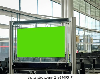 Airport Terminal: Green Screen Advertising Billboard, Arrival Display with Chroma Key, Mock-up AD Space. Backgrond: Diverse Crowd of People Wait for their Flights in Boarding Lounge of Airline Hub