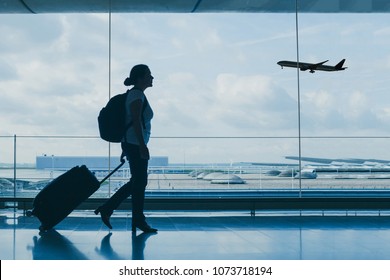 Airport Travel, Silhouette Of People At International Departure Terminal, Flight