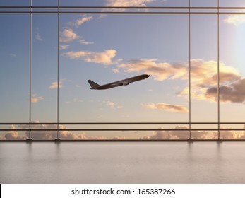 Airport With Window And Airplane