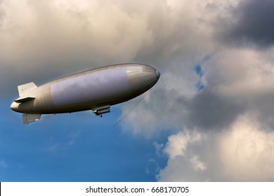 Airship, Zeppelin Against Blue Sky With Dark Clouds.