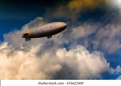 Airship, Zeppelin Against Blue Sky With Dark Clouds.