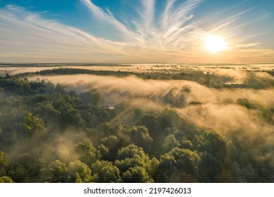 Airview light and shadows in mist. First rays of sun through fog and trees. Morning autumn landscape - Powered by Shutterstock