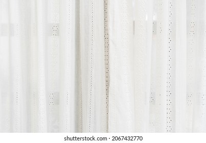 Airy Or Thin And Transparent White Sheer Curtain With Texture Or Lace Curtains With Flower Pattern For See Through And Soft Light On Window To Close In Room For Home Interior Decor To Beige Background