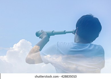 Airy-fairy Budding Business Man Looking Through A Telescope In The Clouds / In The Clouds Of Hope

