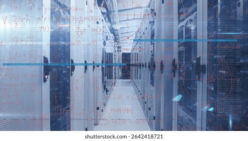 Aisle extending past server cabinets in data center with cable trays, LED indicators and equations. Technology, data, digital, infrastructure, innovation, network, cybersecurity