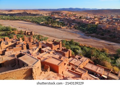 Ait Benhaddou, landmark of Morocco. Historic ksar town on a caravan route. UNESCO World Heritage Site. Clay architecture in river valley.