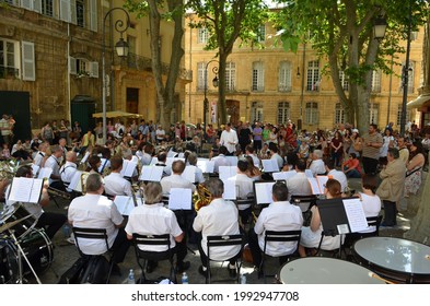 Aix En Provence, France - 06 08 2014: Outdoor Orchestra Concert  Played On A Square Of Old City Of Aix-en-Provence During Summer Music And Opera Festival