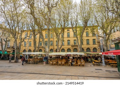 Aix En Provence, France - April 7 2022 - Place Richelme (Richelme Square) With Toutist Drinking At Terraces