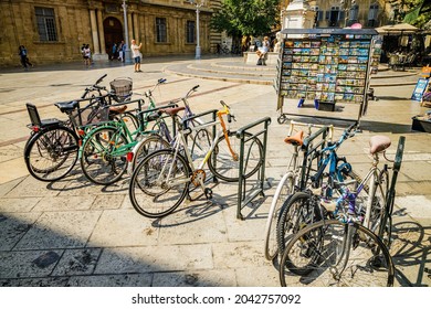 Aix-en-Provence, France - August 2021 : Bikes Parked On The Place De L'Hotel De Ville Square In Aix En Provence