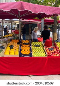 Aix-en-Provence, France - August 2021 : Fruits Stand On The Traditional Aix En Provence Food Market On The Place Des Precheurs Square