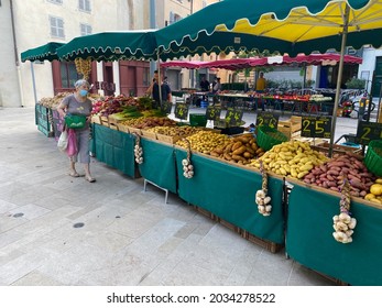 Aix-en-Provence, France - August 2021 : Vegetables Stall On The Traditional Aix En Provence Food Market On The Place Des Precheurs Square