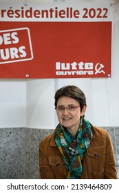 Aix-en-Provence, France - March 16, 2022: Nathalie Arthaud, Far-left Candidate Of The Lutte Ouvriere Party For The French Presidential Election Meets Students 