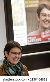 Aix-en-Provence, France - March 16, 2022: Nathalie Arthaud, Far-left Candidate Of The Lutte Ouvriere Party For The French Presidential Election Meets Students 