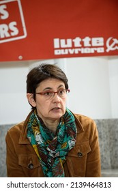 Aix-en-Provence, France - March 16, 2022: Nathalie Arthaud, Far-left Candidate Of The Lutte Ouvriere Party For The French Presidential Election Meets Students 