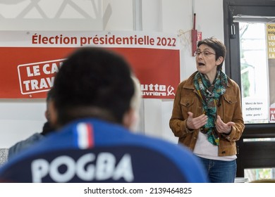 Aix-en-Provence, France - March 16, 2022: Nathalie Arthaud, Far-left Candidate Of The Lutte Ouvriere Party For The French Presidential Election Meets Students 