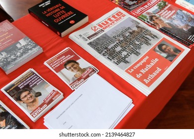 Aix-en-Provence, France - March 16, 2022: Nathalie Arthaud, Far-left Candidate Of The Lutte Ouvriere Party For The French Presidential Election Meets Students 