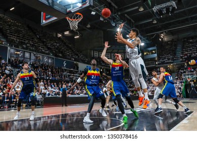 AJ Slaughter Of Lyon And Reggie Upshaw Of Andorra And Moussa Diagne Of Andorra During The 2019 EuroCup Basketball Game 1 Of Quarterfinals Between LDLC ASVEL Villeurbanne And Morabanc Andorra