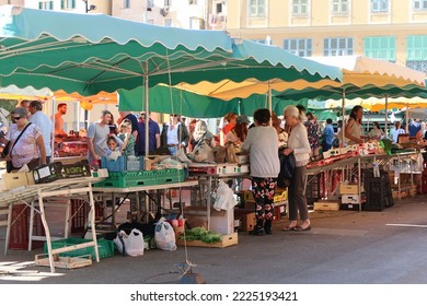 Ajaccio, Corsica, France, October 30, 2022. Mediterranean Culture And Colour In Island Capital City Or Town. Produce Or Organic Food In Artisan Food Market. Sunny Day Outdoors