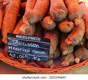 Ajaccio, Corsica, France, October 30, 2022. Mediterranean Culture And Colour In Island Capital City Or Town. Produce Or Organic Food In Artisan Food Market. Varity Of Sausages. Sunny Day Outdoors