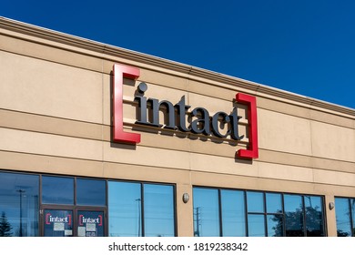 Ajax, On, Canada - September 20, 2020: Close Up Of Intact Sign On The Building.  Intact Financial Corporation Is A Canadian Provider Of Property And Casualty Insurance.