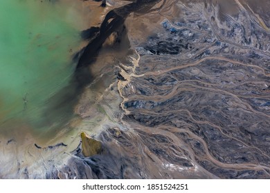 Ajka, Hungary - Aerial View Of The Famous Red Mud Disaster Site, Abstract Lines, Surreal Landscape, Icelandic Feeling.