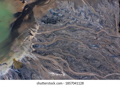 Ajka, Hungary - Aerial View Of The Famous Red Mud Disaster Site, Abstract Lines, Surreal Landscape, Icelandic Feeling.