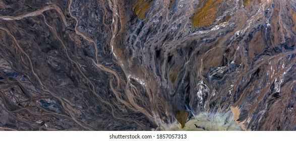 Ajka, Hungary - Aerial View Of The Famous Red Mud Disaster Site, Abstract Lines, Surreal Landscape, Icelandic Feeling.