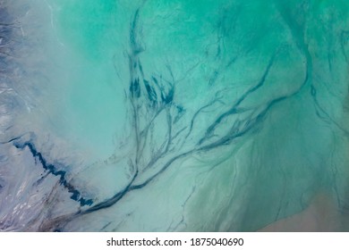 Ajka, Hungary - Aerial View Of The Famous Red Mud Disaster Site, Abstract Lines, Turquoise Water, Surreal Landscape, Icelandic Feeling.