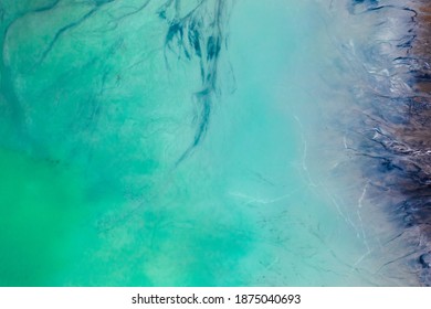 Ajka, Hungary - Aerial View Of The Famous Red Mud Disaster Site, Abstract Lines, Turquoise Water, Surreal Landscape, Icelandic Feeling.