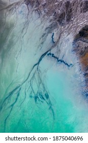 Ajka, Hungary - Aerial View Of The Famous Red Mud Disaster Site, Abstract Lines, Turquoise Water, Surreal Landscape, Icelandic Feeling.