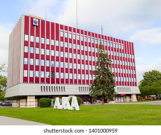 AJKA,HUNGARY – MAY 17. 2019 : The Main Square Of Ajka With City Hall. The Town Lies On The North-western Edge Of The Bakony Mountains, In Veszprem County. 