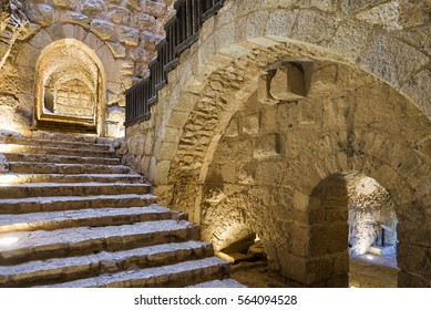 Ajloun, Jordan - April 04, 2015: View of Ajloun Castle main entrance and staircase. Ajloun Castle is situated in northwestern Jordan on a hilltop, was built in the 12th century and is open for tourism