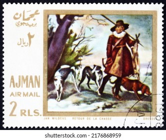 AJMAN - CIRCA 1968: A Stamp Printed In Ajman Shows Winter Landscape With Hunter, Painting By Jan Wildens, Flemish Painter, Circa 1968