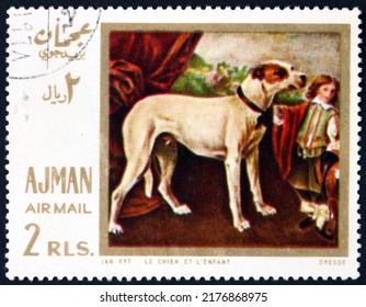 AJMAN - CIRCA 1968: A Stamp Printed In Ajman Shows Hunting Dog And Child, Painting By Jan Fyt, Flemish Baroque Painter, Circa 1968