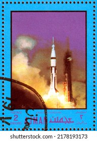 Ajman, Circa 1970: Postage Stamp Dedicated To The Apollo And Gemini Program.