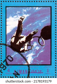 Ajman, Circa 1970: Postage Stamp Dedicated To The Apollo And Gemini Program.