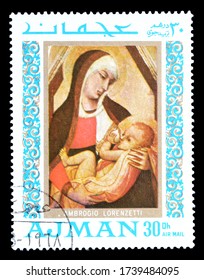 AJMAN - CIRCA 1971 : Cancelled Postage Stamp Printed By Ajman, That Shows Painting By Ambrogio Lorenzetti, Circa 1971.