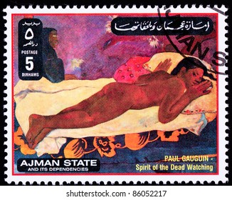 AJMAN - CIRCA 1971: A stamp printed in Ajman shows Spirit of the Dead Watching by Paul Gauguin, circa 1971.