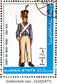 Ajman, Circa 1972: Postage Stamp From The Military Uniforms Series Showing Cadet De West Point - USA 1825.