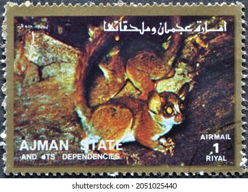 Ajman - Circa 1973 : Cancelled Postage Stamp Printed By Ajman, That Shows Bushbaby (Family: Galagidae), Circa 1973.