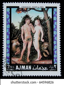AJMAN (EMIRATE) - CIRCA 1970s: a post stamp printed in Ajman (UAE) shows Adam and Ewa , series, circa 1970s.