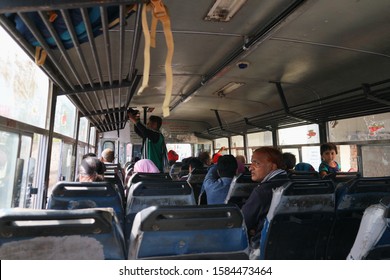 Ajmer, Rajastan, India – February 22 2019: Awful old bus from Ajmer to Pushkar. Inside view of the bus - Shutterstock ID 1584473464