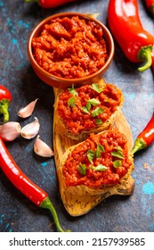 Ajvar, balkan food consisted of roasted peppers, garlic, aubergine and olive oil